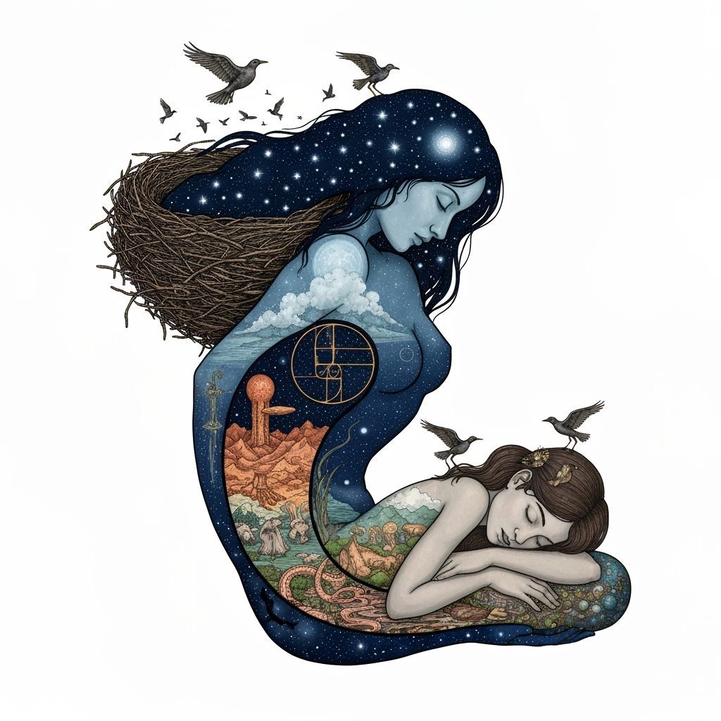 Cosmic Woman Carrying Star Nest, Nature Intertwined