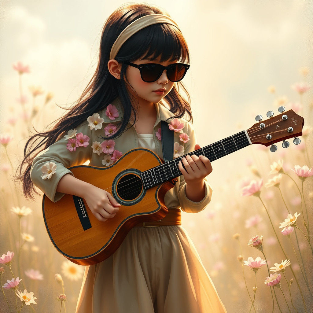 Girl with Guitar in Floral Meadow, Hyperrealistic Style