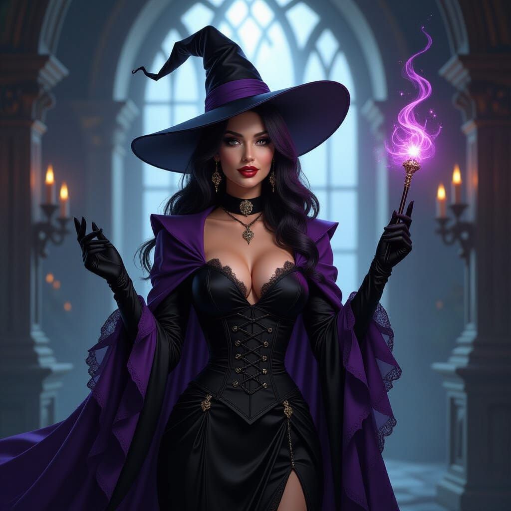 Majestic Witch with Wand in Chiaroscuro