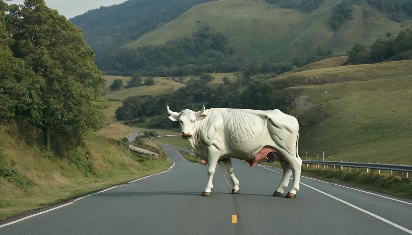 The image features a large cow statue situated on the side o...