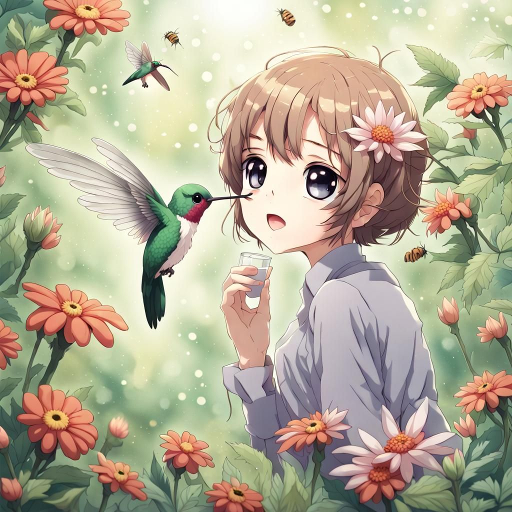 Hummingbird and Bugs Sip Nectar in Anime Style