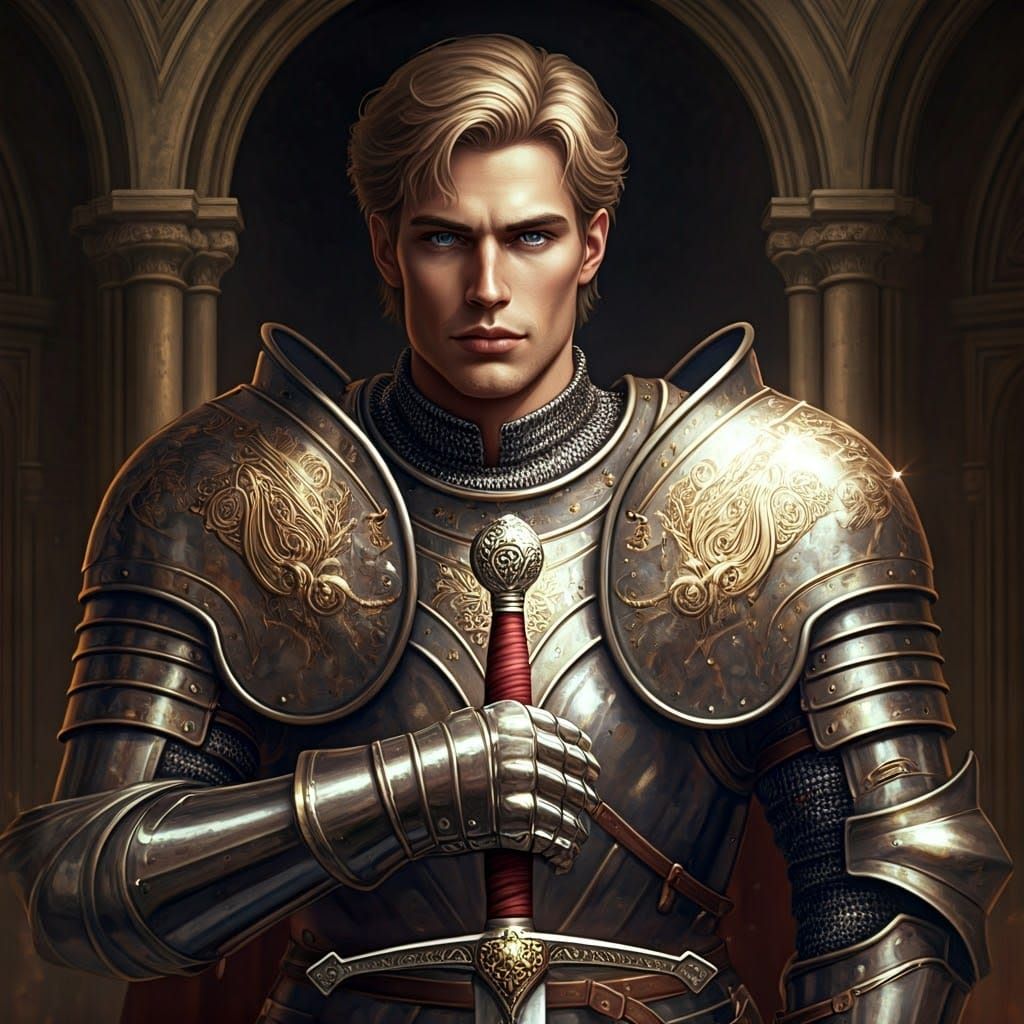 Noble Knight in Glimmering Armor with Silver Sword