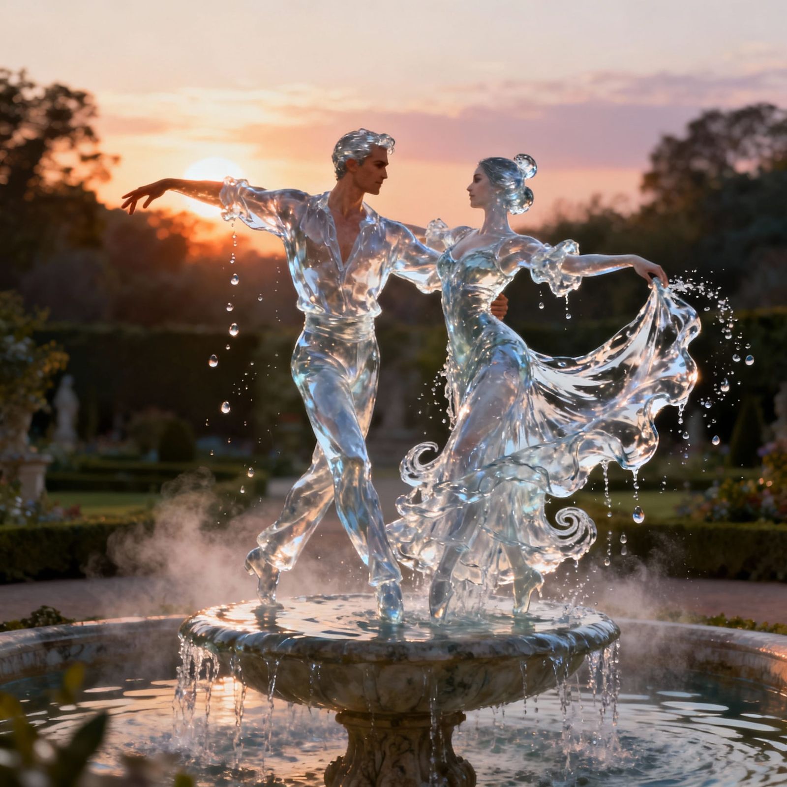 Water Dancers in Baroque Fountain at Sunset