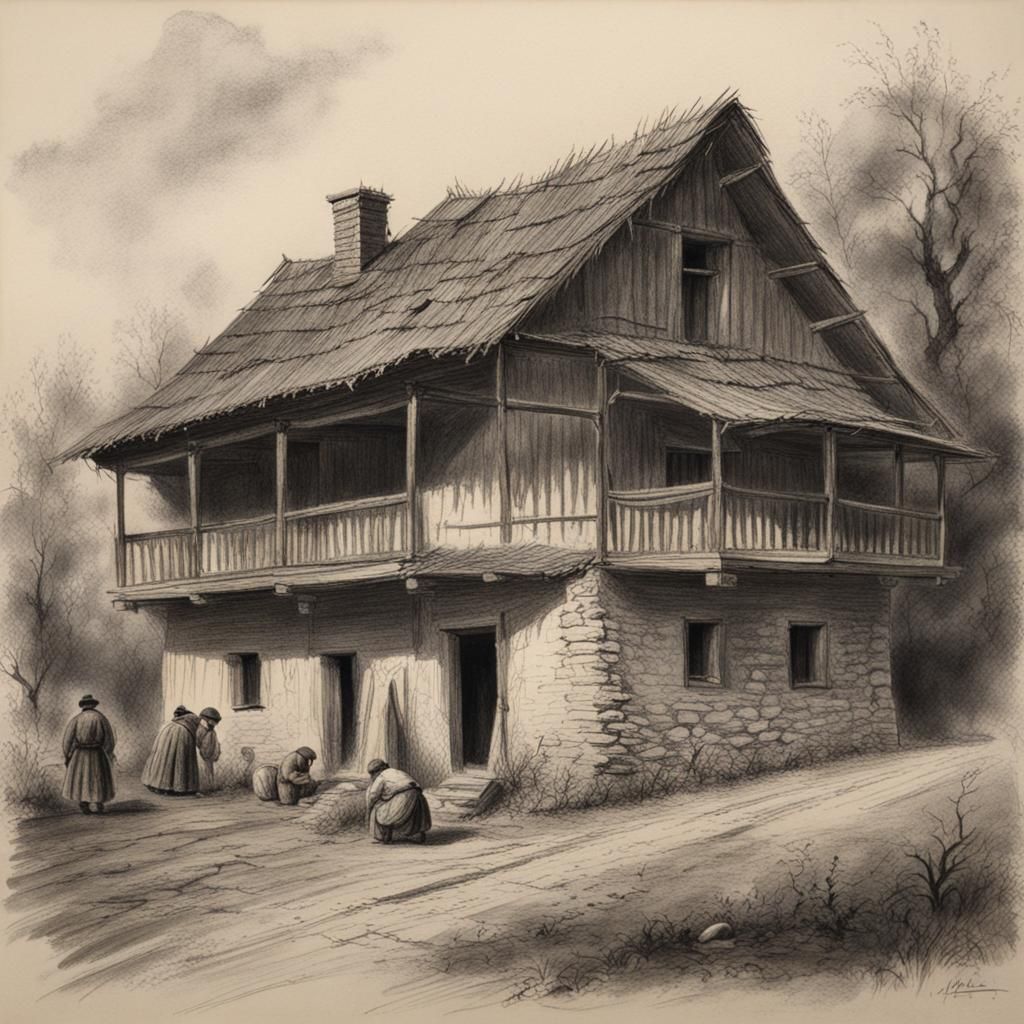 Romanian Peasant House: 19th Century Charcoal Sketch