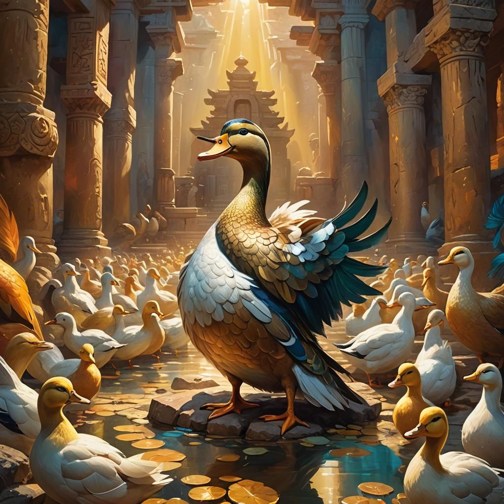 Proud God Duck in Ancient Temple: Oil Painting