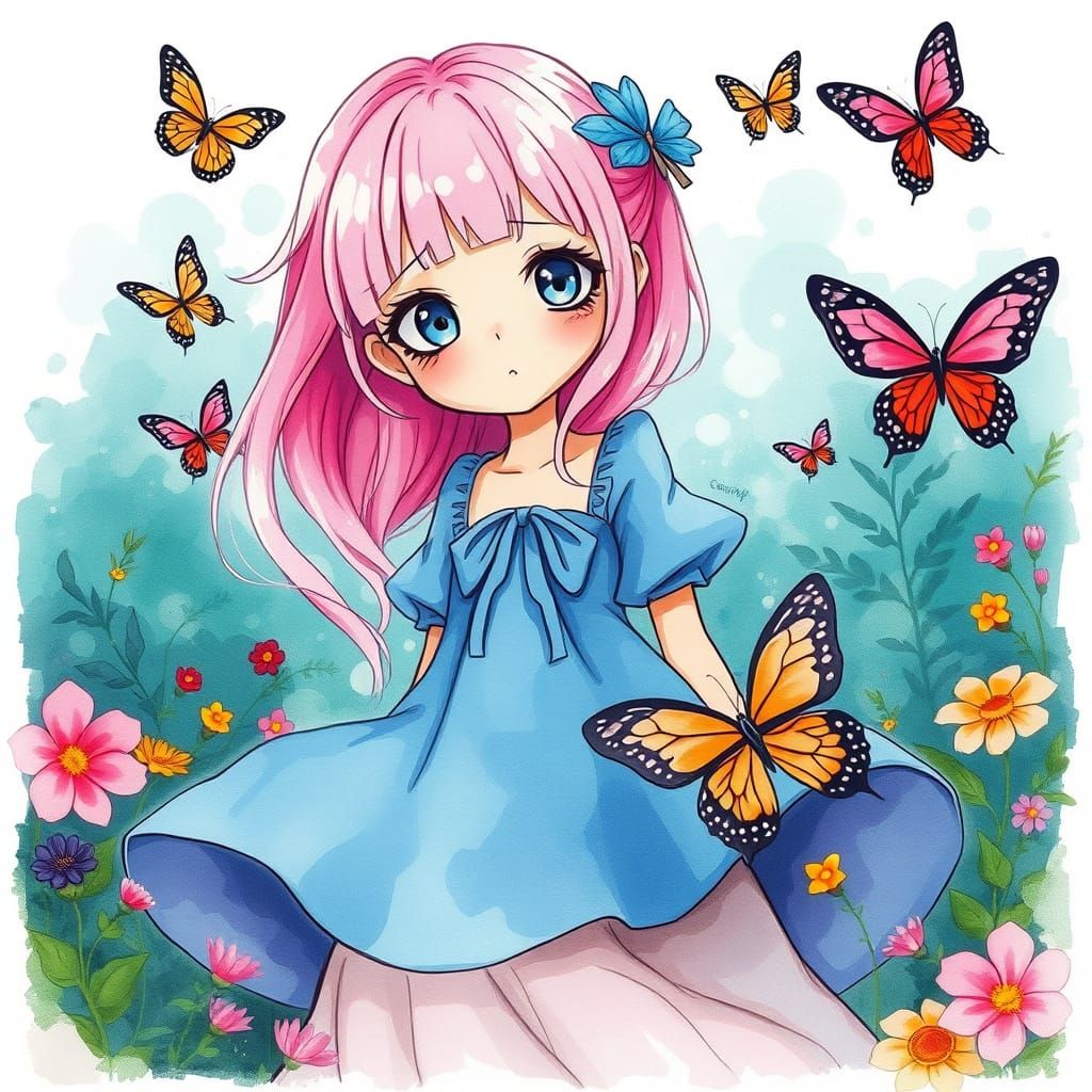 Anime Girl in Butterfly Garden, Watercolor Style