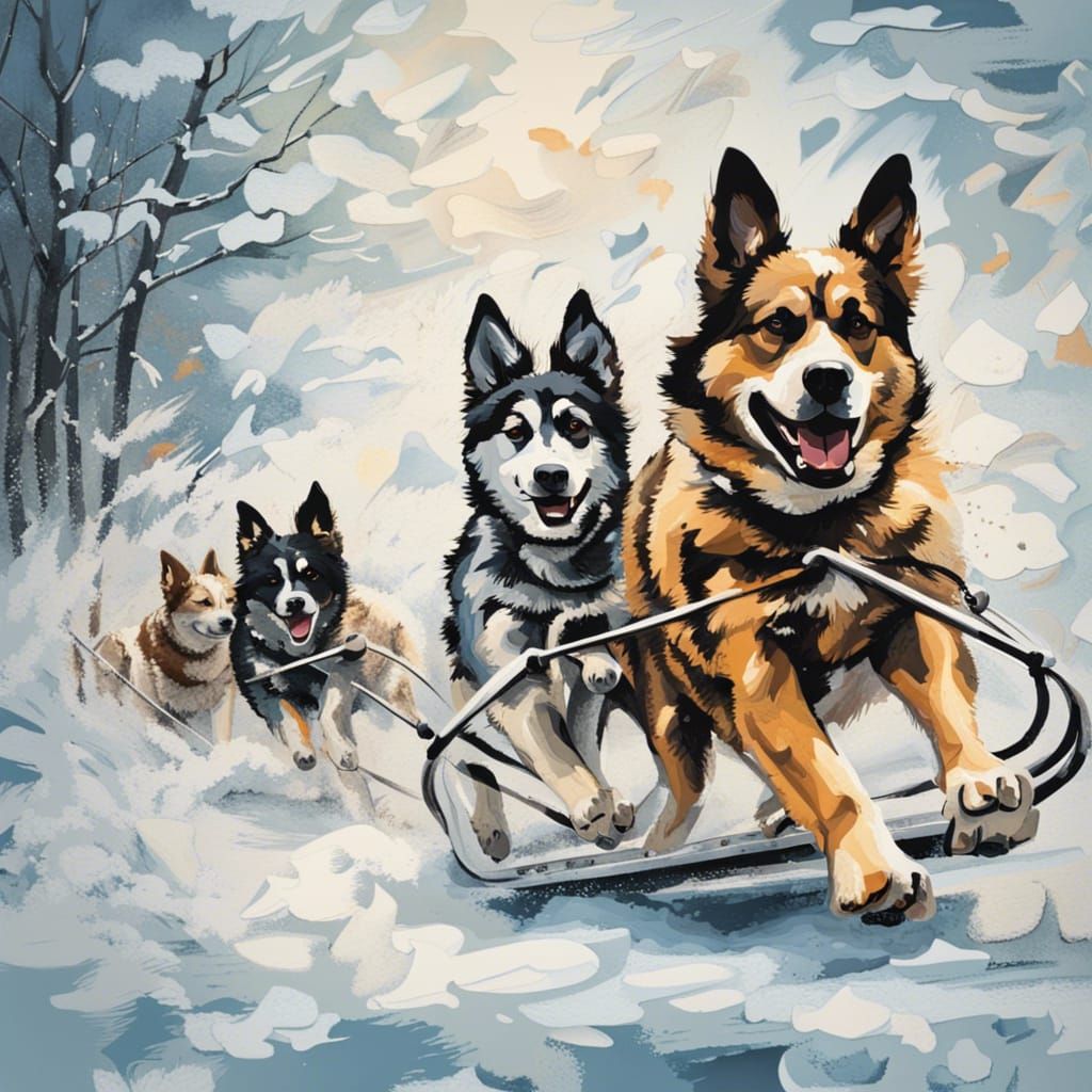 Dog Sled Team in Abstract Style