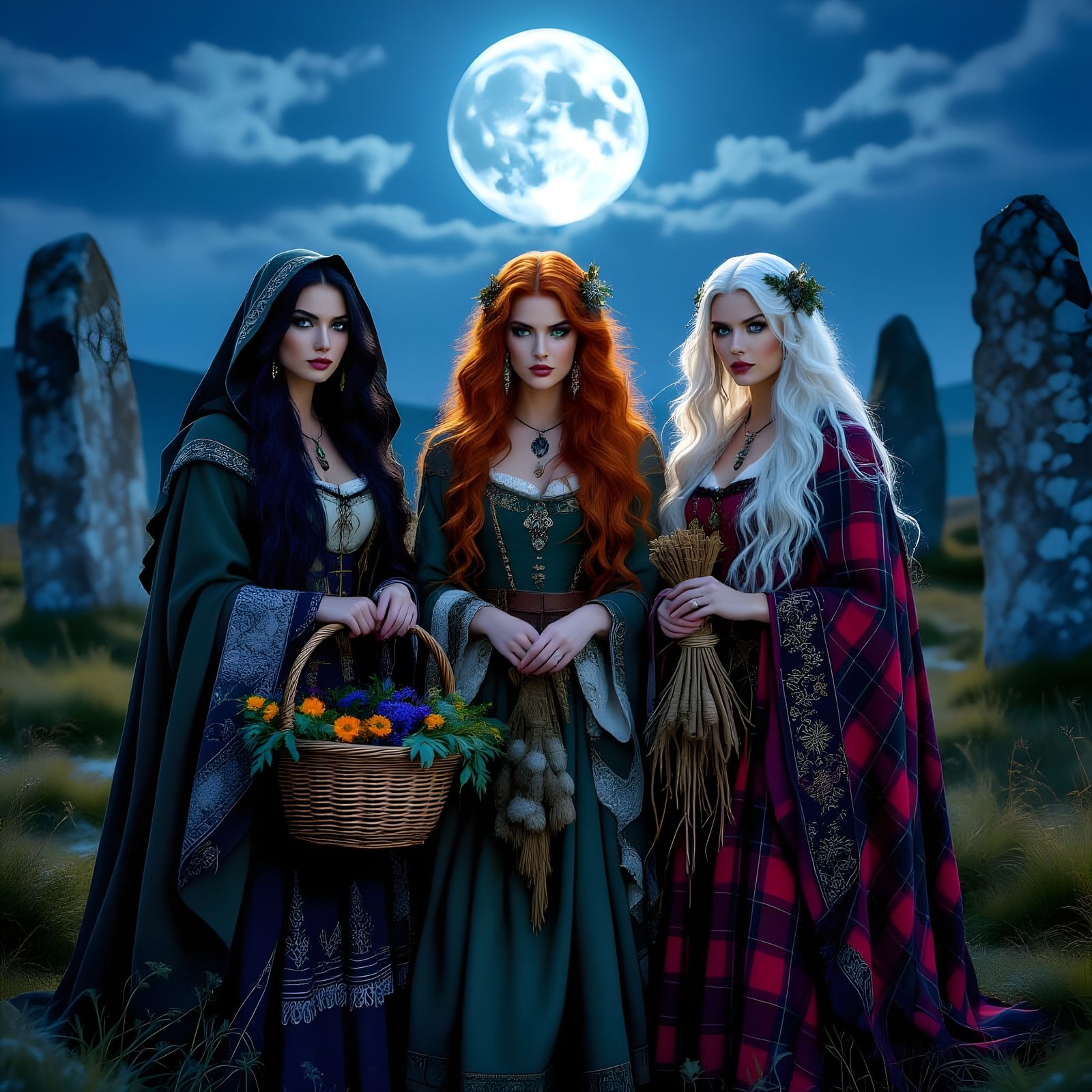 Three Witches in Scottish Standing Stones Under Moonlit Auro...