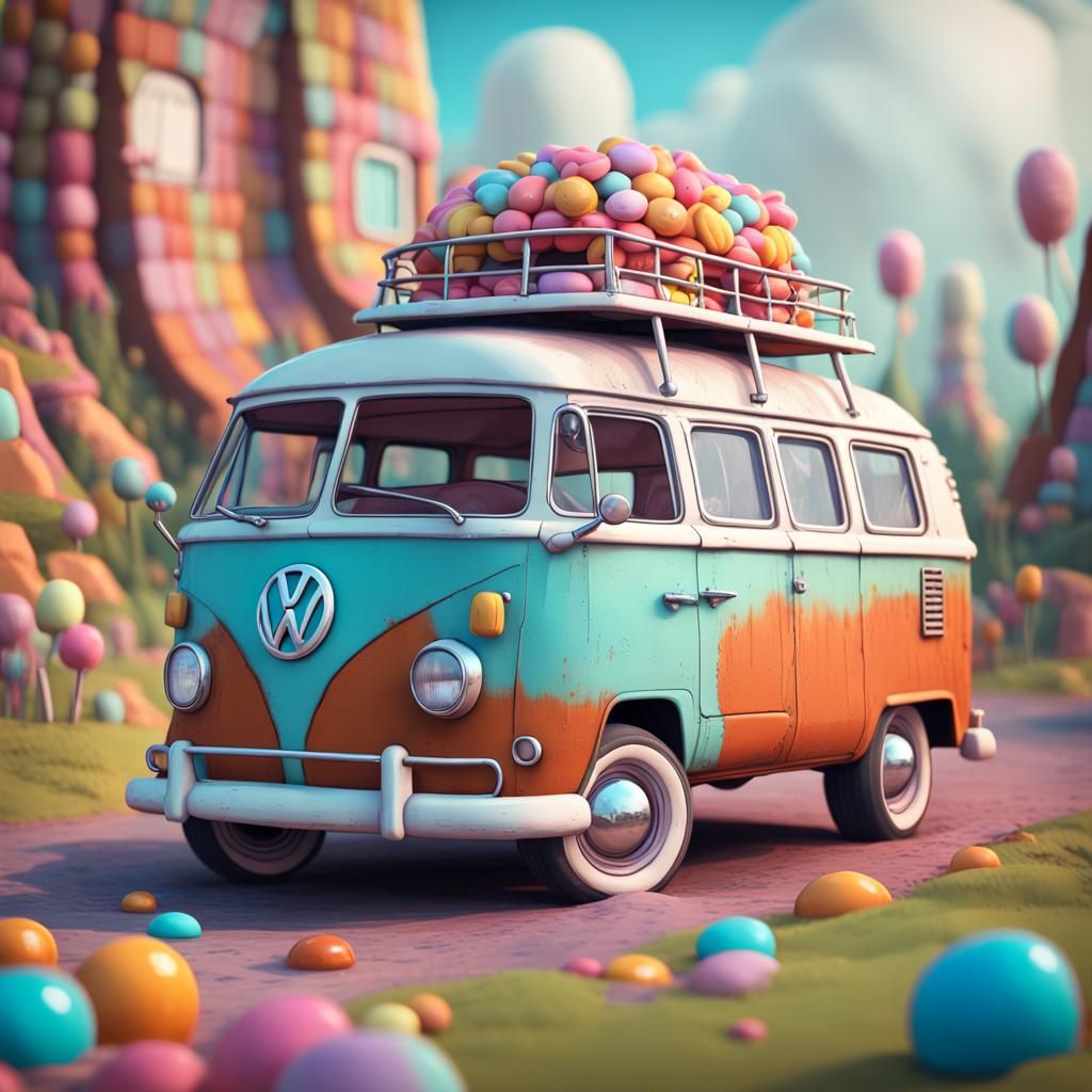 Cartoon VW Camper Van in Candy Land Render