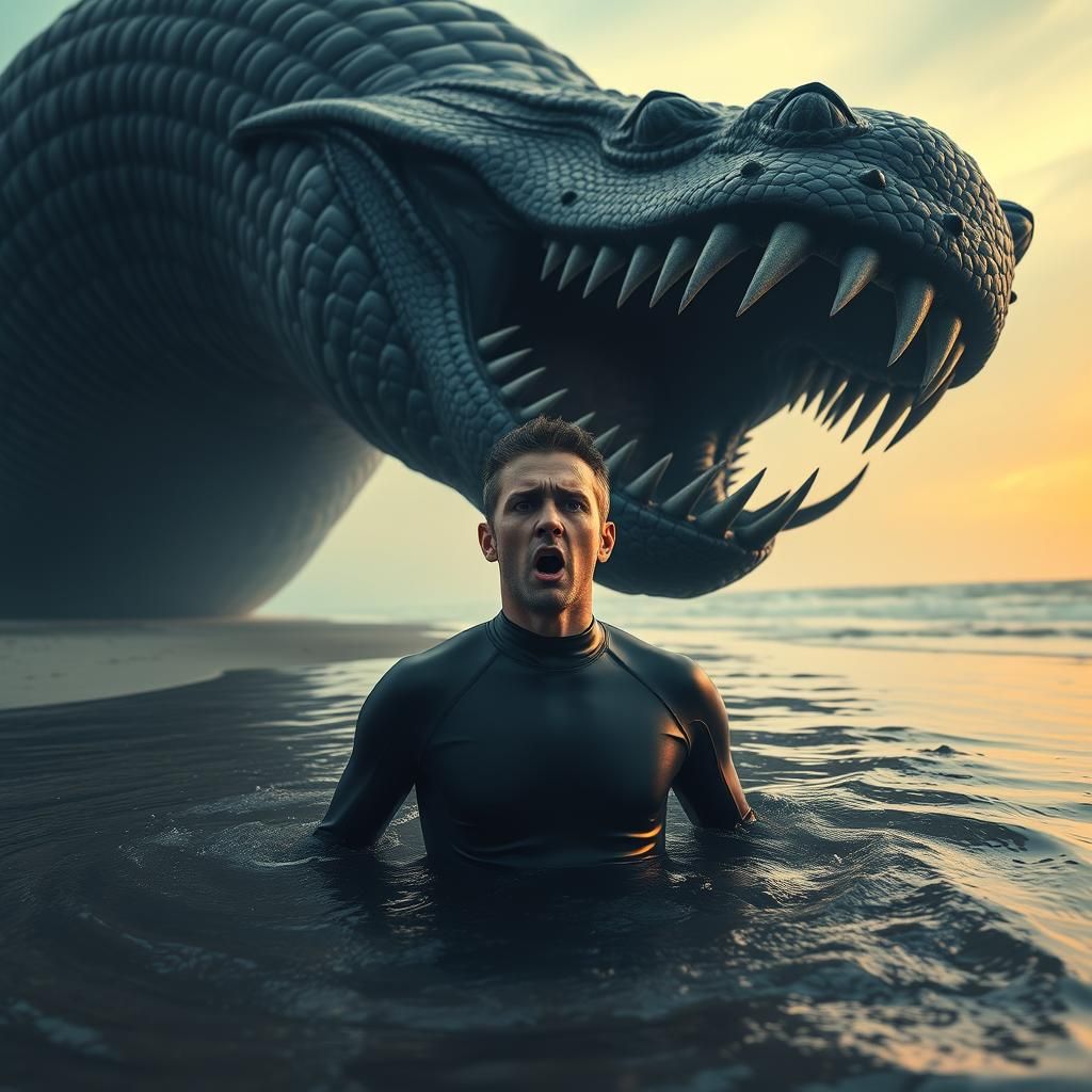 Horrified Swimmer Meets Monstrous Sea Serpent