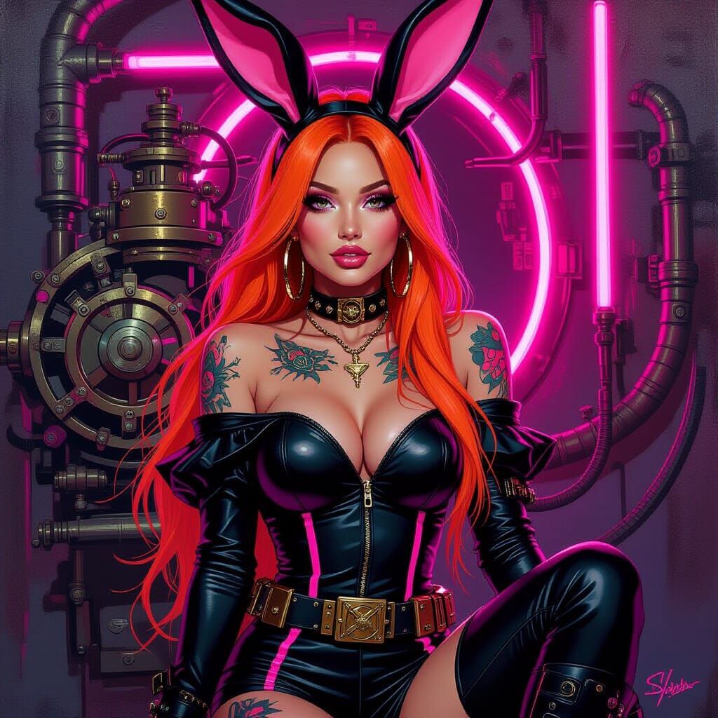 Steampunk Lady in Neon Rabbit Outfit: Oil Painting