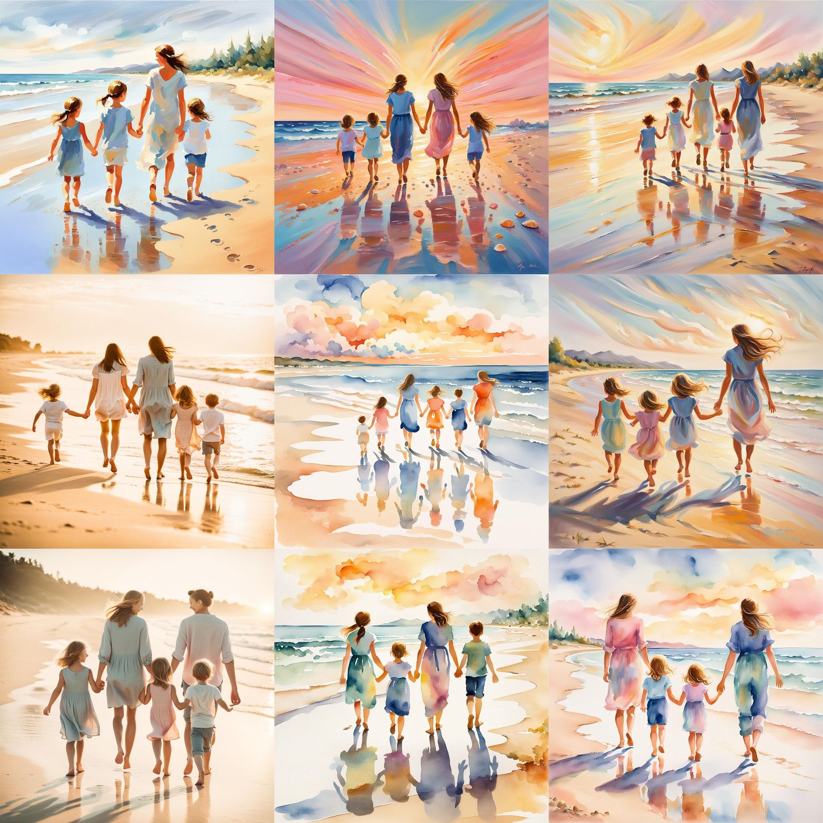 Footprints: Mother and Children's Laughter in Sand