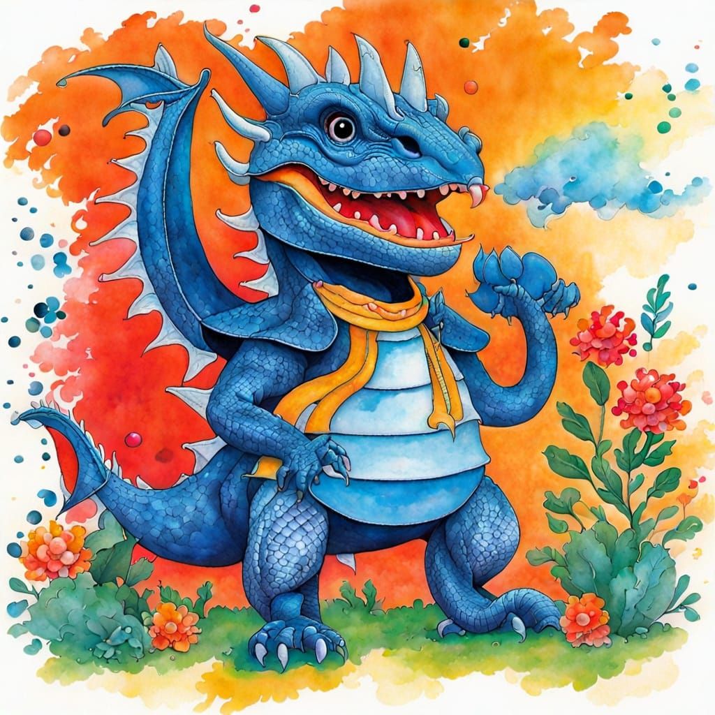 A Toddler Plays with a Brilliantly Colored Dragon