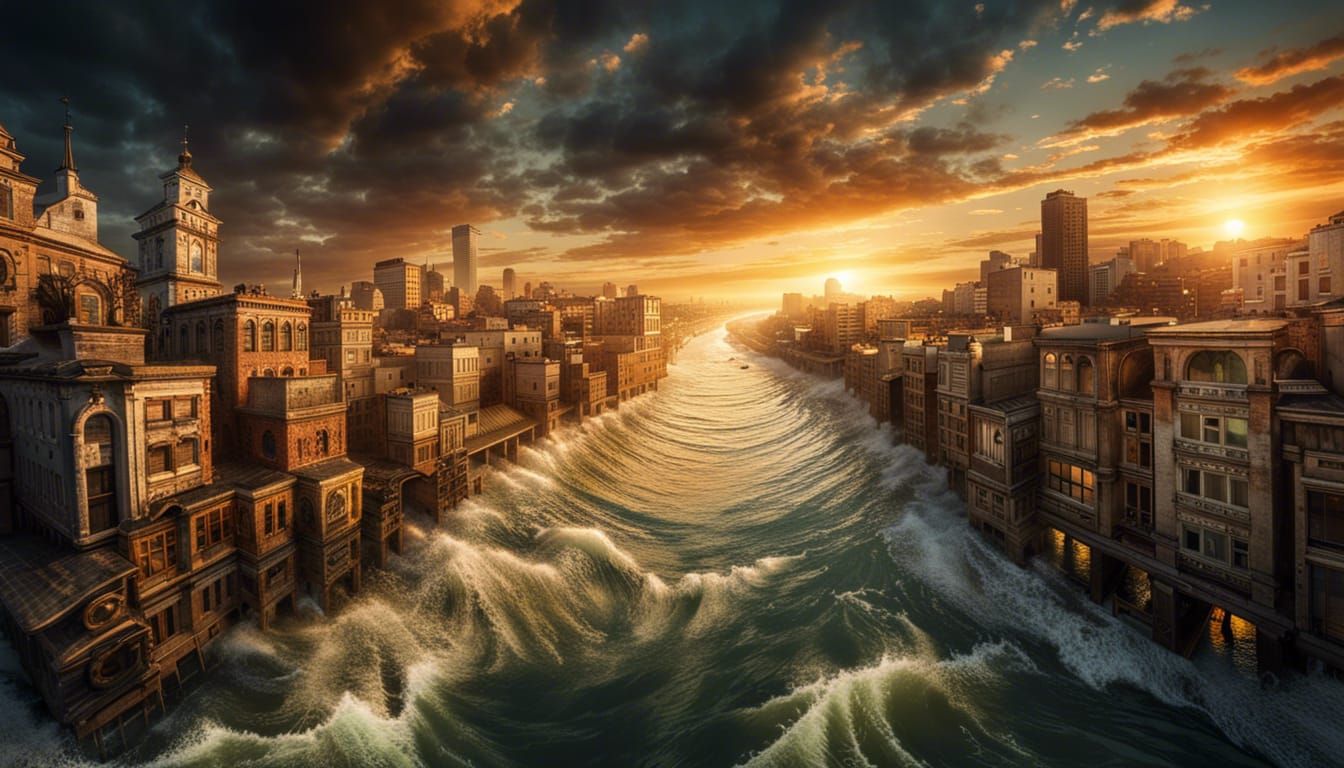 Flooding Fantasy Port City at Dawn: High-Resolution Photogra...