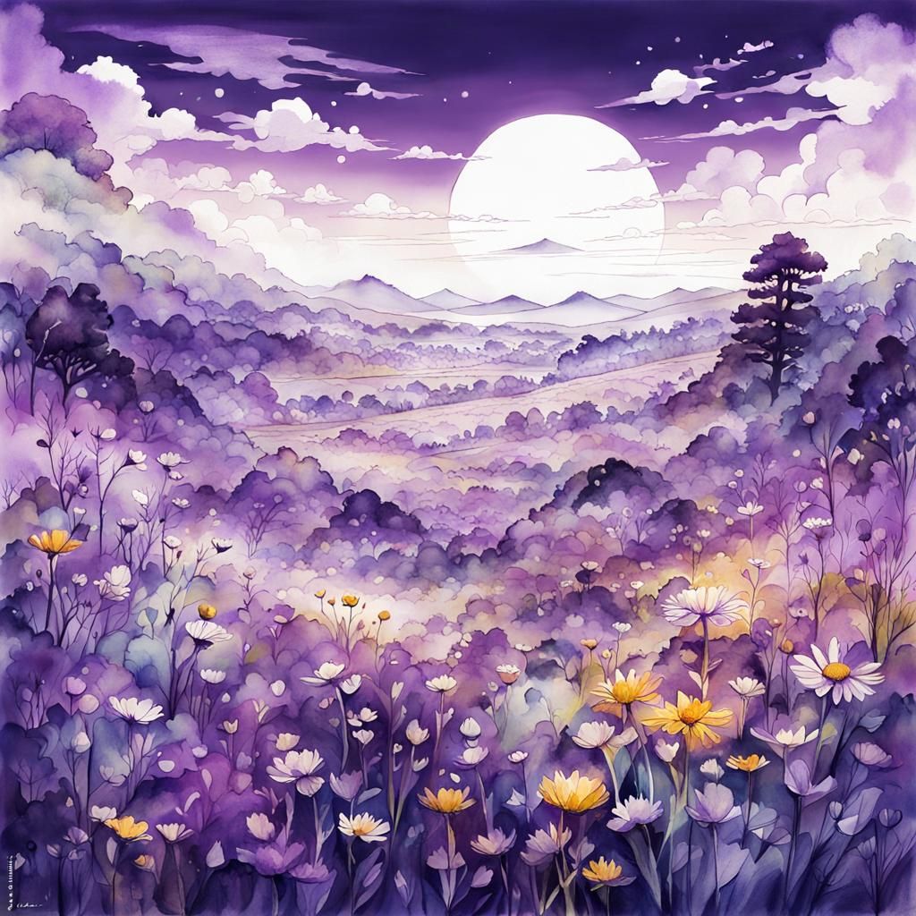 Fantasy Meadow: Surreal Ink Wash Art Landscape