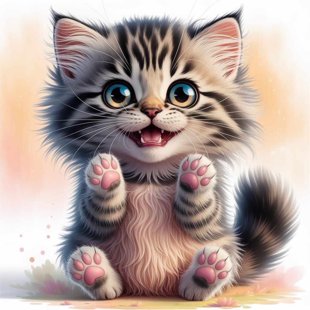 Fluffy Kitten with Luminous Eyes in Watercolor Style