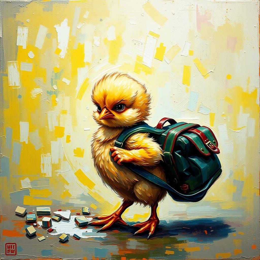 Miserable Chick Burdened by Schoolbag: Expressionist Oil Pai...