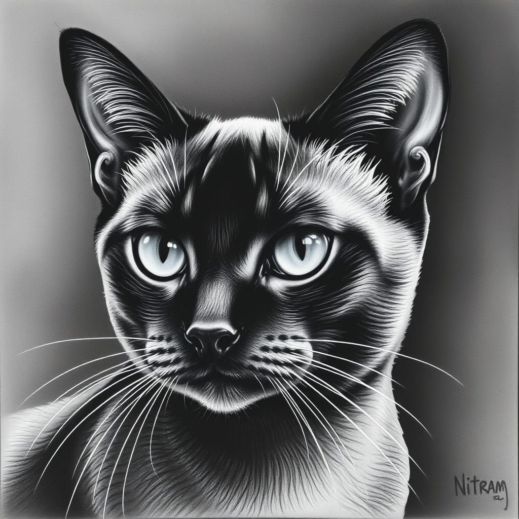 Elegant Siamese Cat Portrait in Charcoal Zentangles