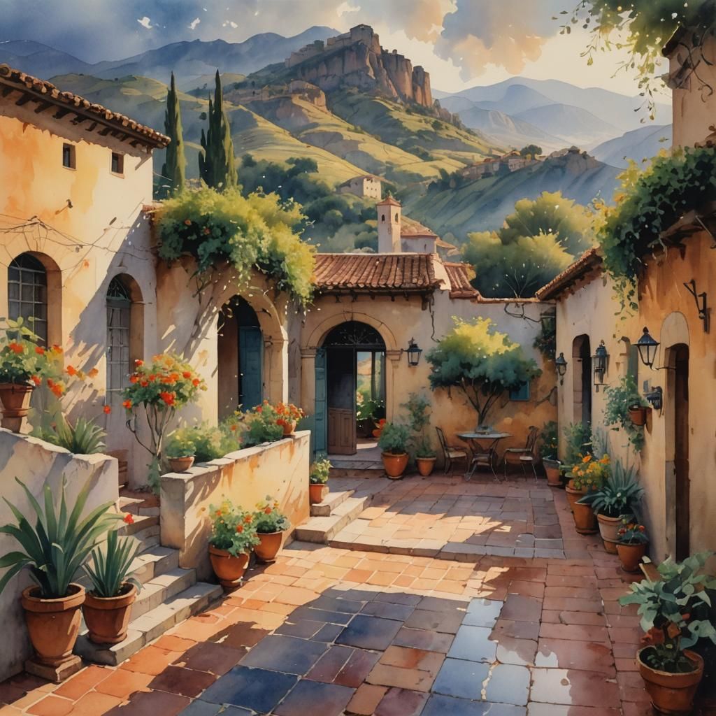 Spanish Courtyard in Morning Light: Watercolor Painting