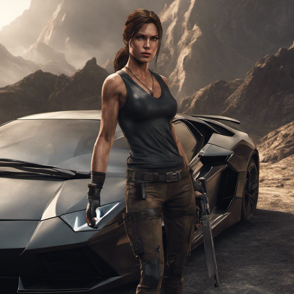 Lara Croft and Black Lamborghini: Realistic Image
