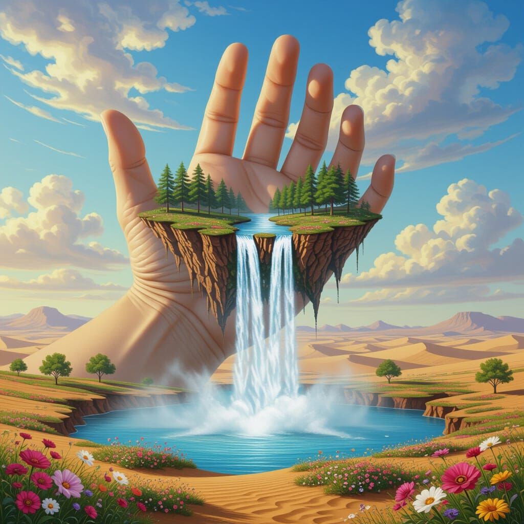 Surreal Giant Hand Waterfall Blooms in Desert