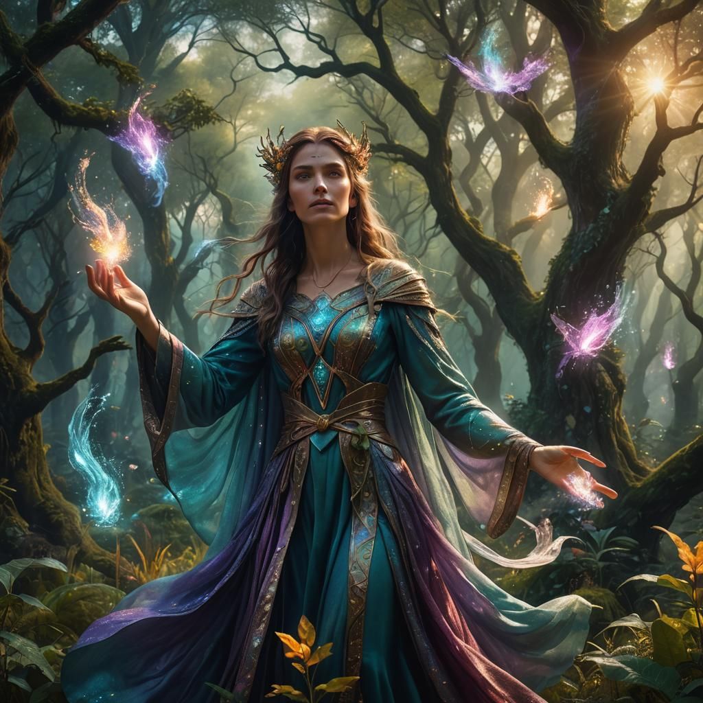 Mystical Sorceress Conjuring Magic in Forest Glade