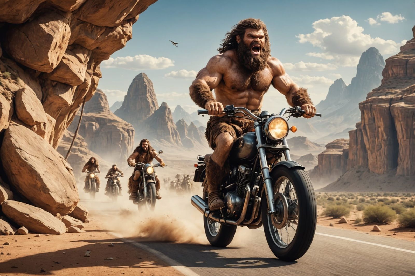 A caveman riding a motorcycle