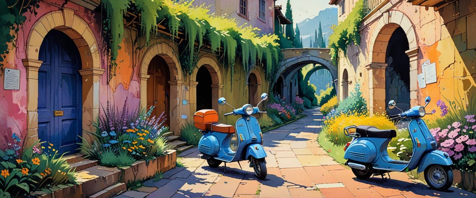 Mossy Passageway with Vespa in Comic Book Style