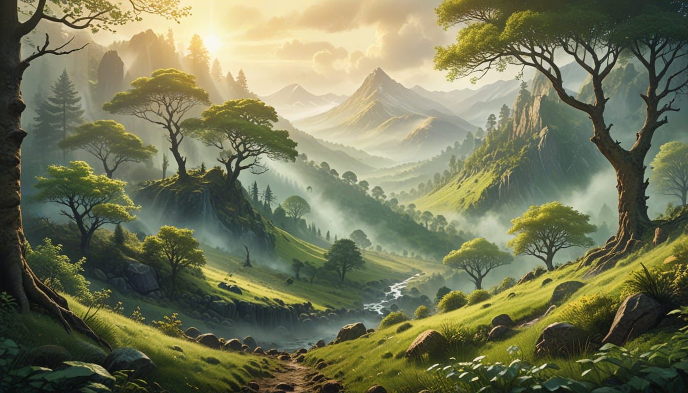 Lush Forest in Misty Mountains: Watercolor Spring Landscape