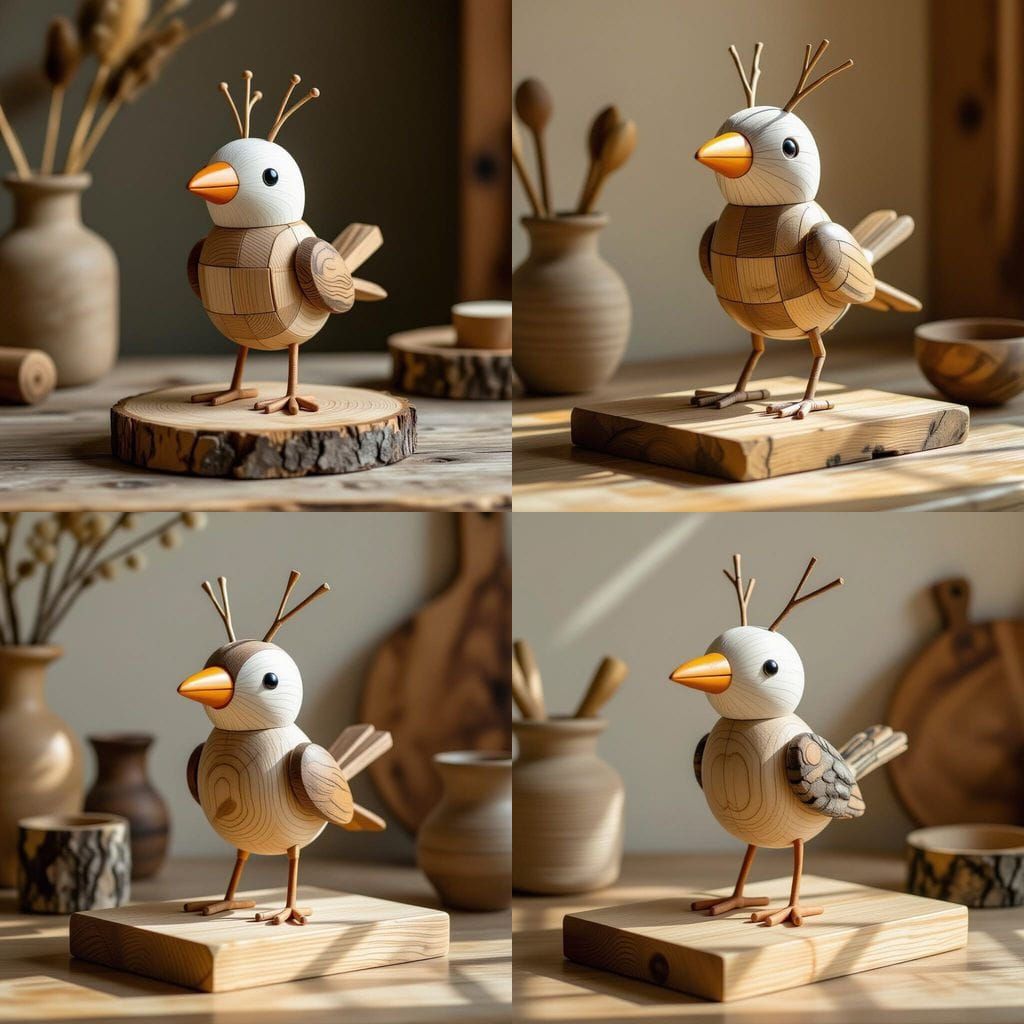 Playful Wooden Bird Sculpture on Wood Platform