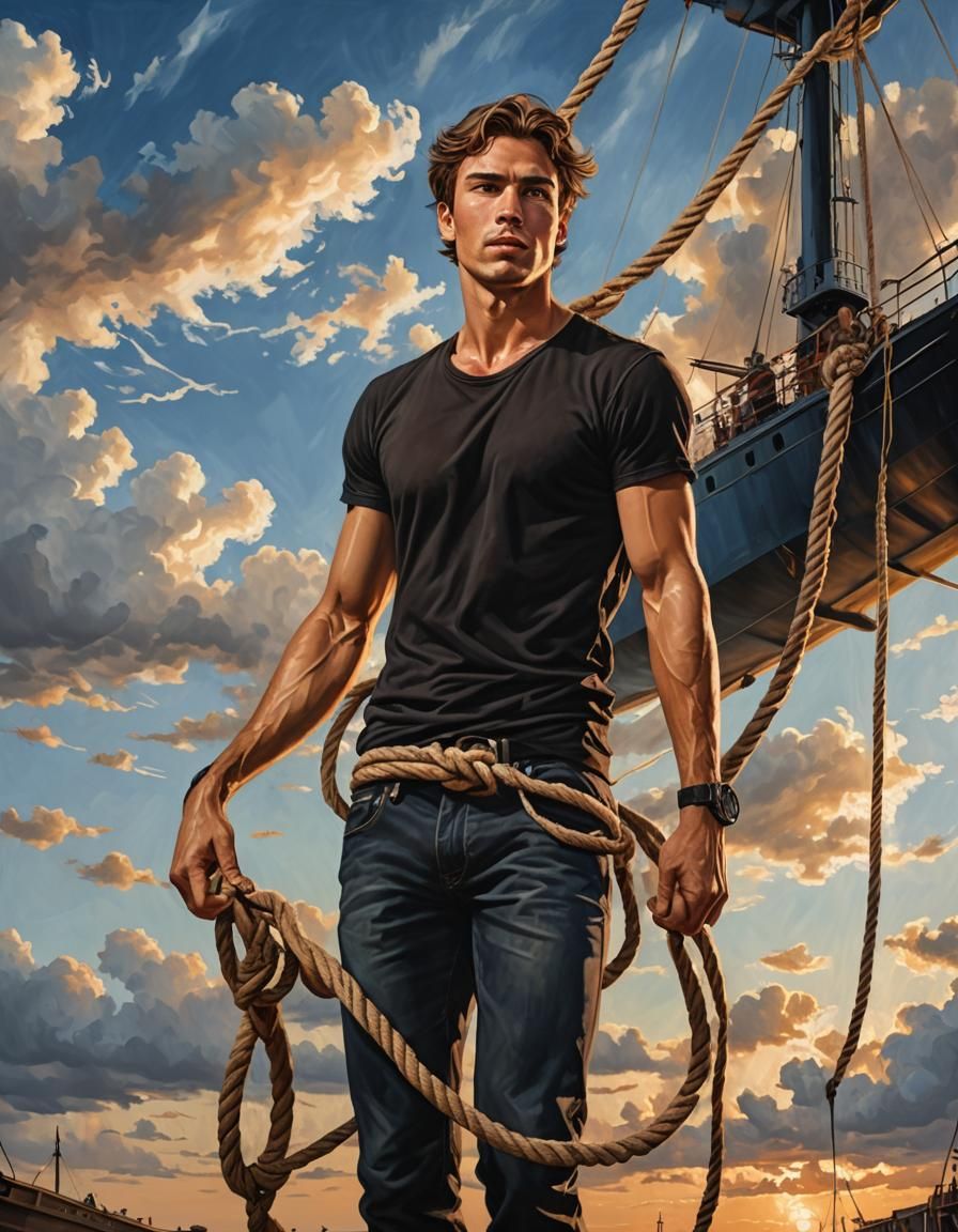 Young Man with Ropes: Oil Painting