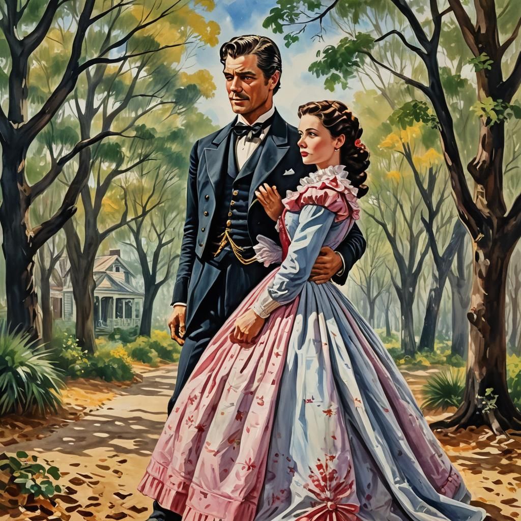 Rhett Butler and Scarlett O'Hara Gouache Painting