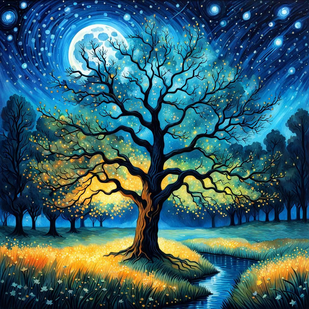 Oak Tree Lake: Gothic Watercolor Starry Night