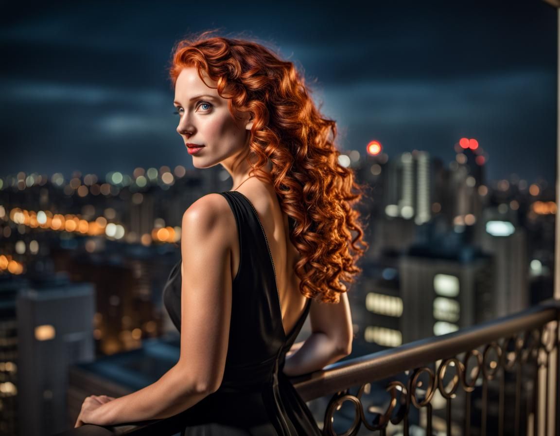 Woman with Red Hair on Balcony at Night
