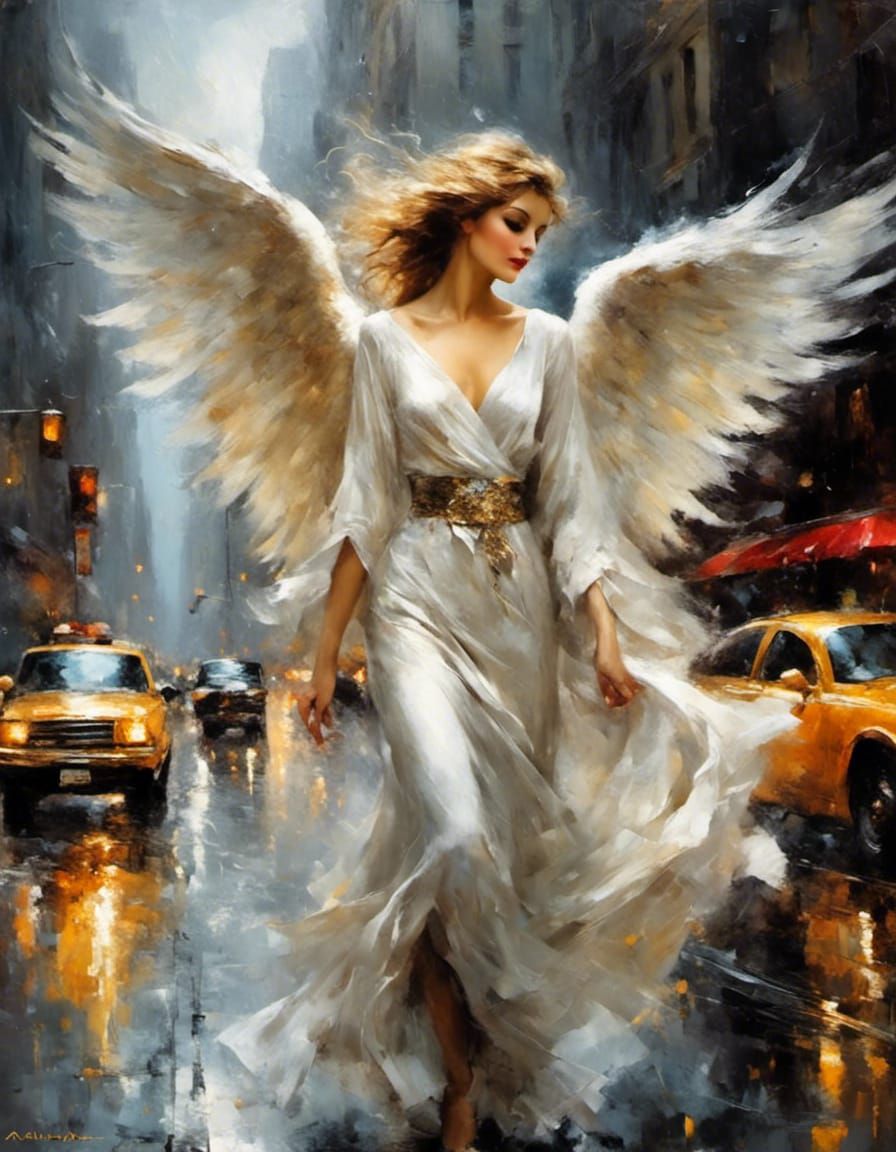 An angel is walking through New York