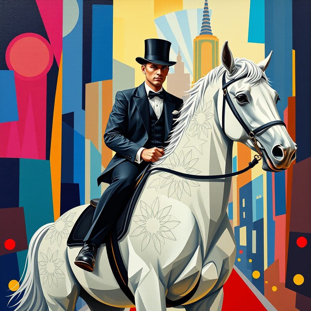 Elegant Gentleman Rides Majestic White Horse in Vibrant Art...