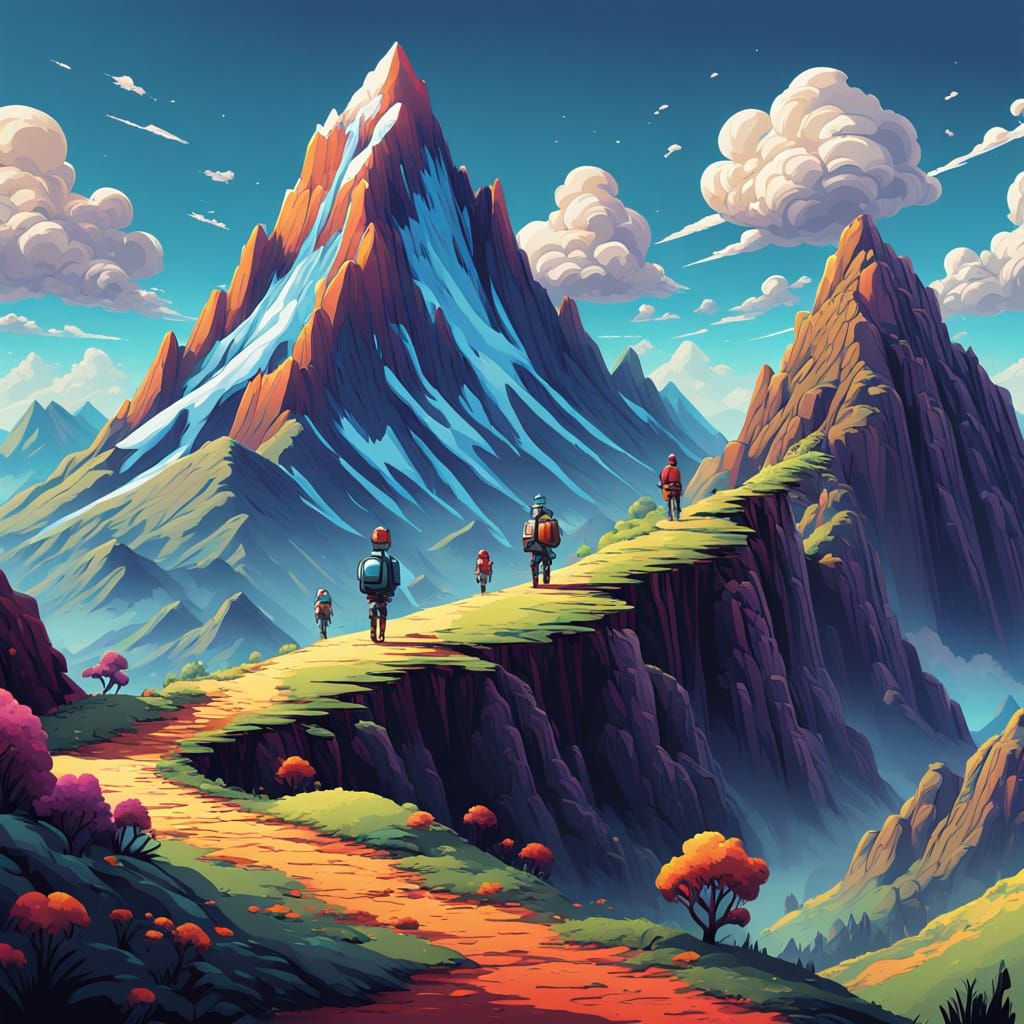 Vibrant Emoji Hikers on Mountain Peaks