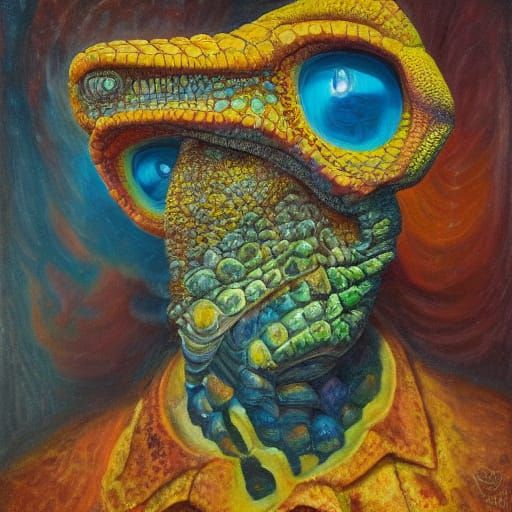 Surreal Reptilian Teacher Portrait in Oil Painting Style