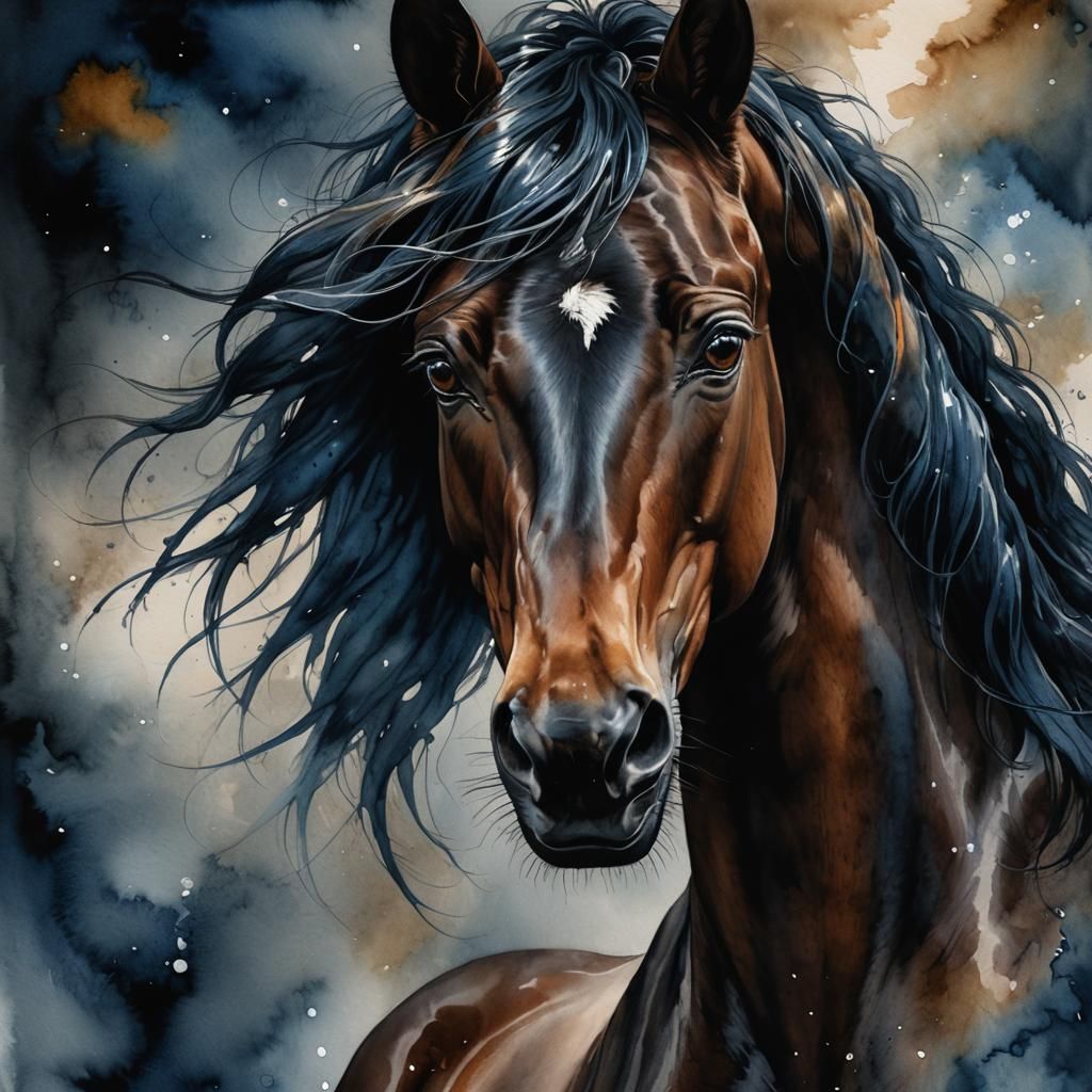 Andalusian Horse Painting in Watercolor and Ink