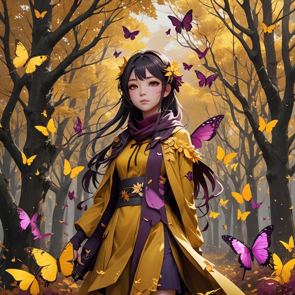 Anime Girl Yuki in Autumn Forest, Mustard Plum Palette