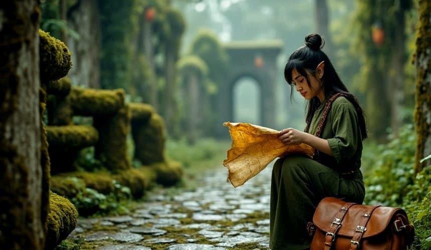 Elf at Crossroads Reads Map Scroll
