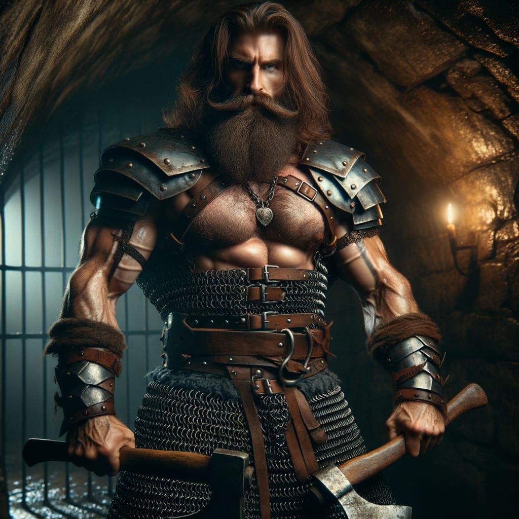 Muscular Dwarf Warrior in Medieval Dungeon