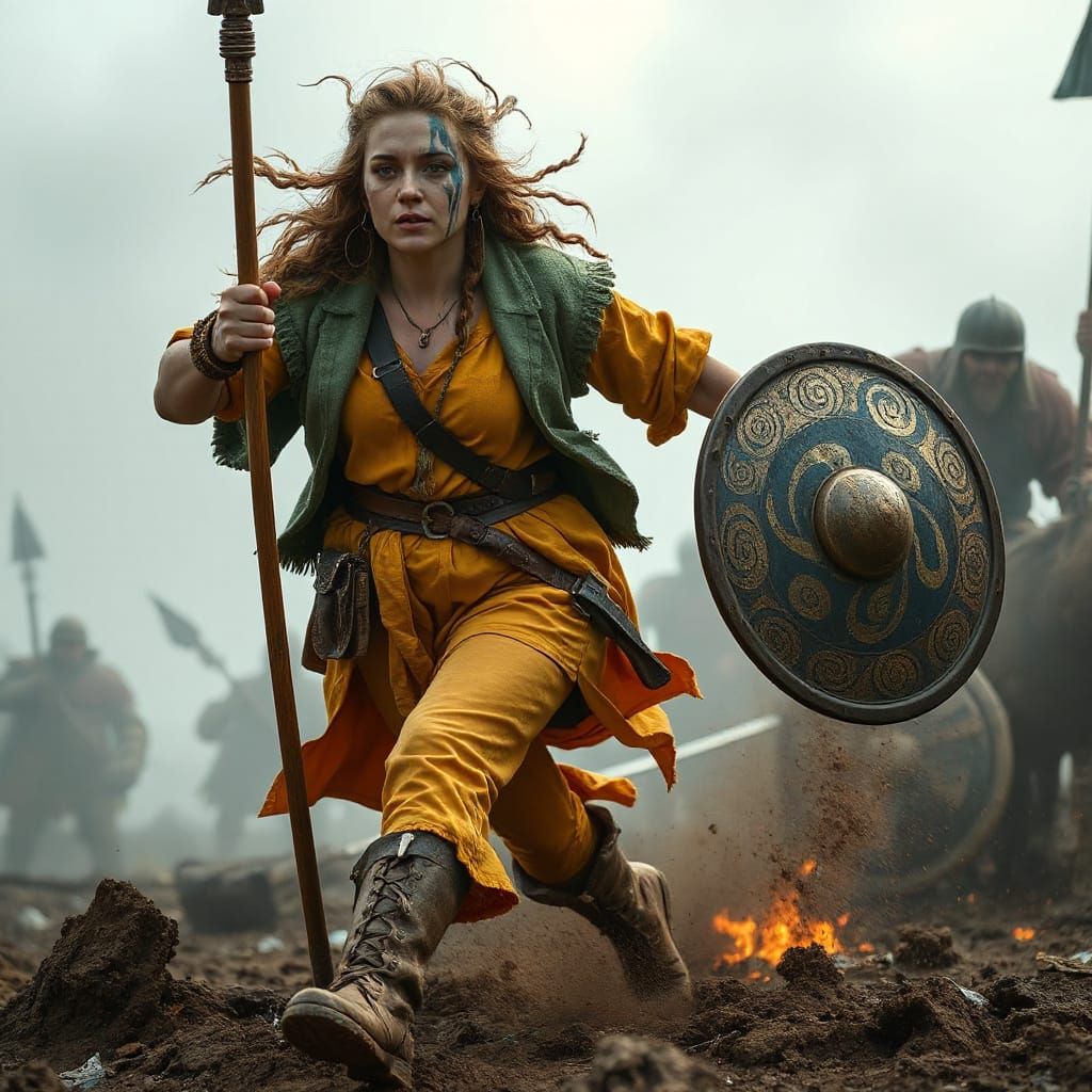Fierce Celtic Warrior Woman in Battle
