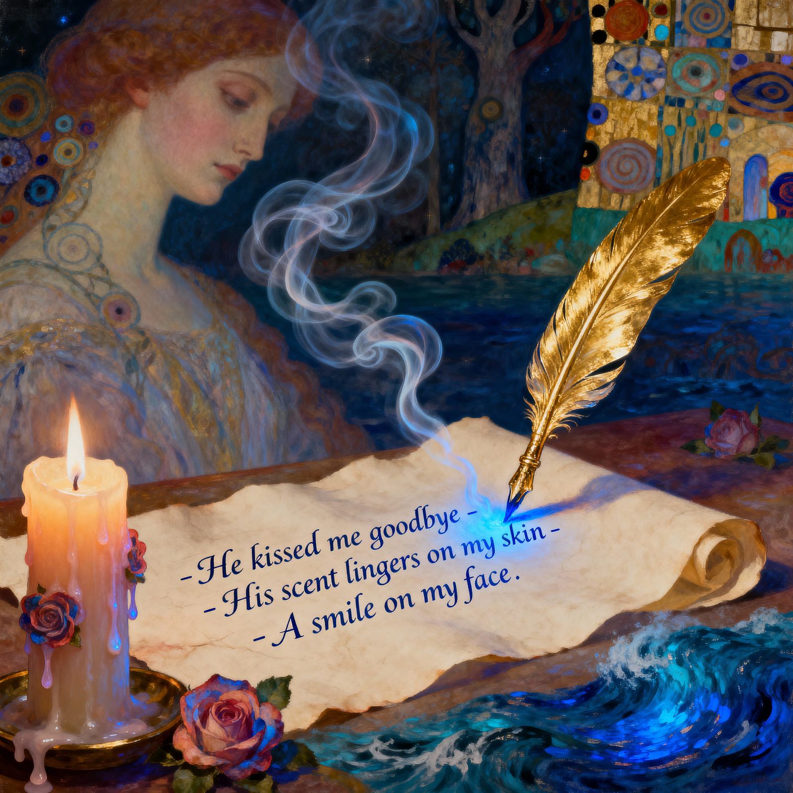 Gilded Quill Writes Haiku in Smoky Letters, Symbolist Style