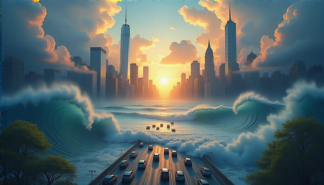 Surreal Cityscape: Harmony of Nature and Time
