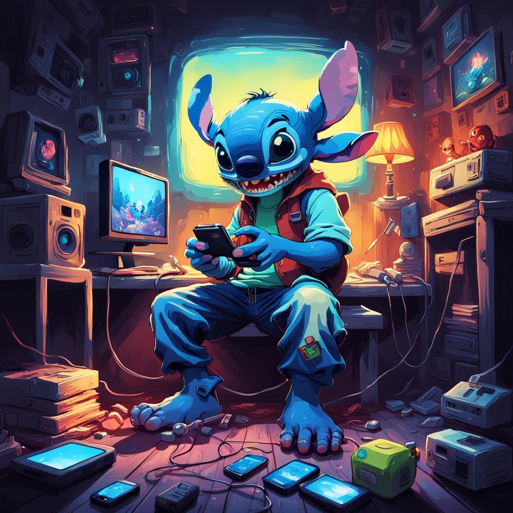 Stitch in a Hyperdetailed Digital Art Gaming Scene