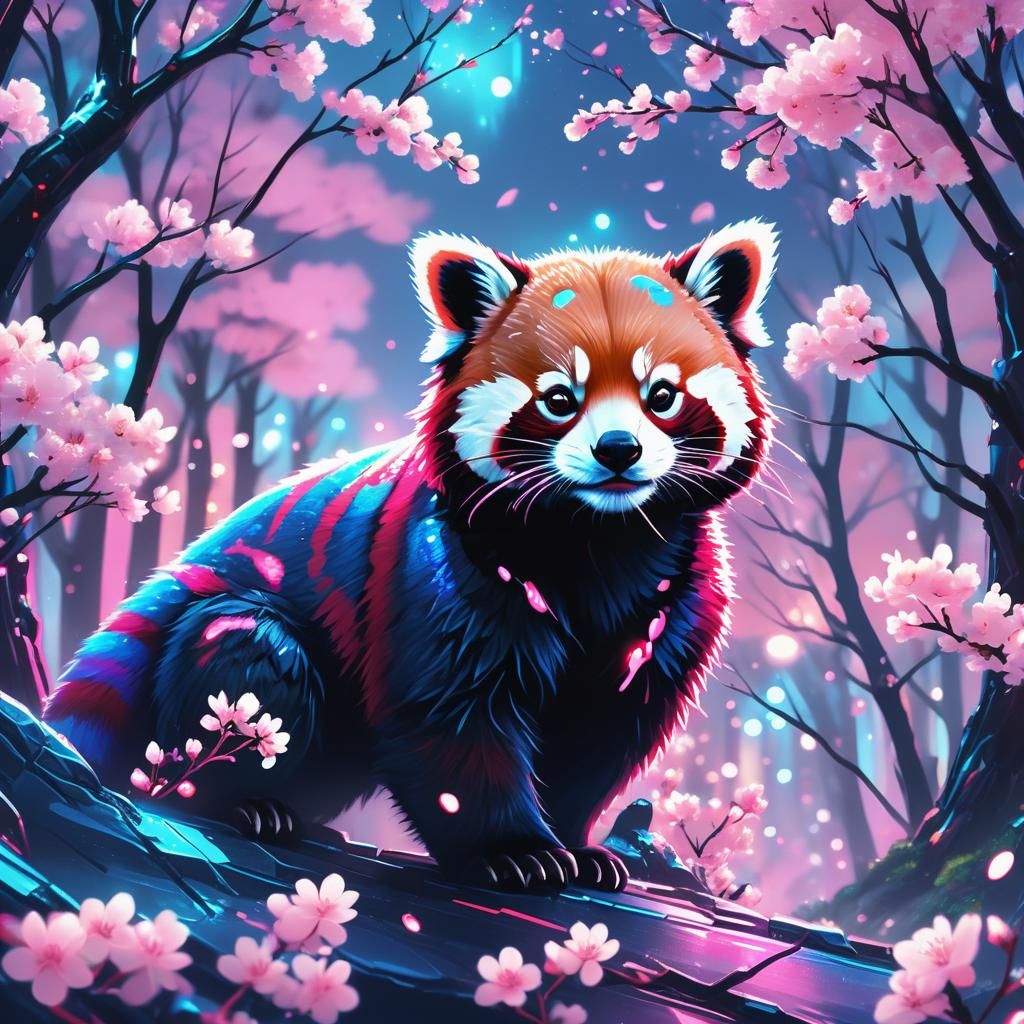 Neon Red Panda in Synthwave Cherry Blossom Forest