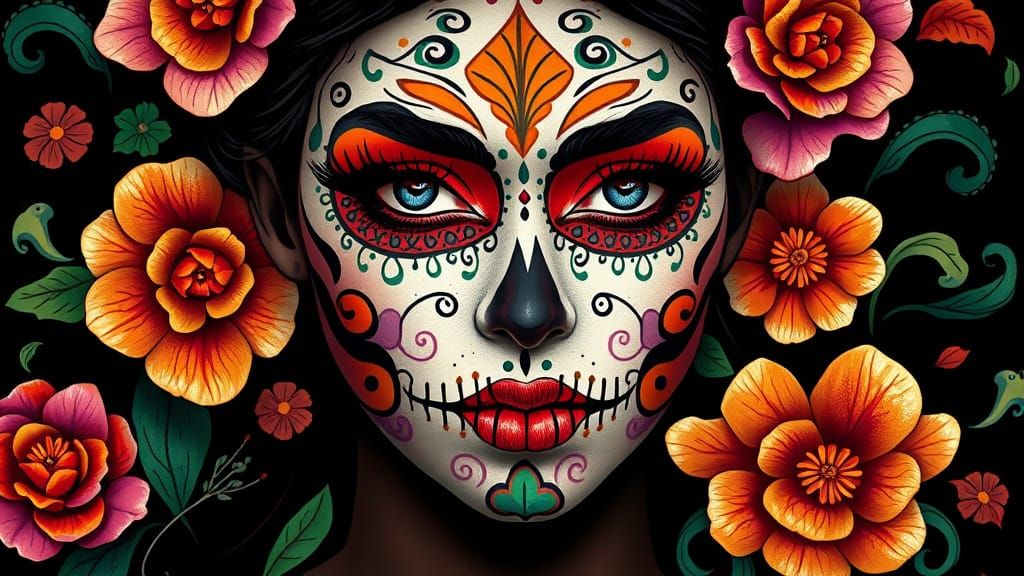 Vibrant Sugar Skull Facepaint in Traditional Mexican Folk Ar...