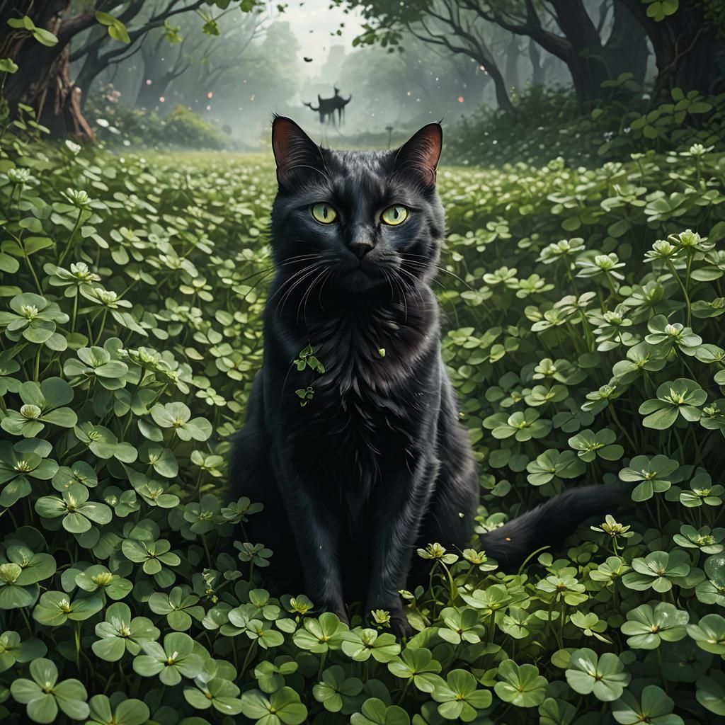 Black Cat in Clover Patch: Fantasy Concept Art