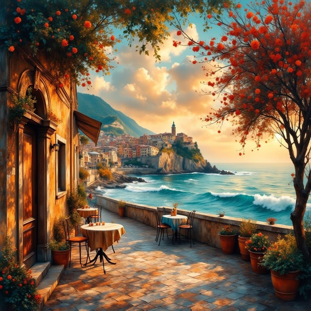 Picturesque Seaside Town Street at Sunset